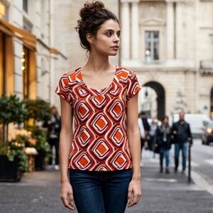 Ann Taylor Multicolor Geometric Short Sleeve Top. Size M